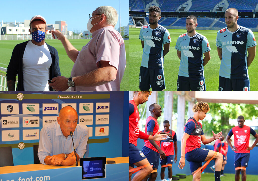 Après plus de trois mois d'interruption, le football a repris un peu ses droits à au Stade Malherbe comme au HAC. Période de crise sanitaire oblige, on a assisté à quelques scènes inhabituelles à l'image du docteur Hervé Schulc prenant la température d'Anthony Gonçalves.