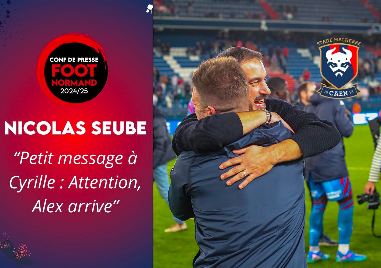 Nicolas Seube tombe dans les bras de Manu Lepresle, le préparateur physique de l'équipe, après le succès du Stade Malherbe contre Amiens (2-1). ©Damien Deslandes