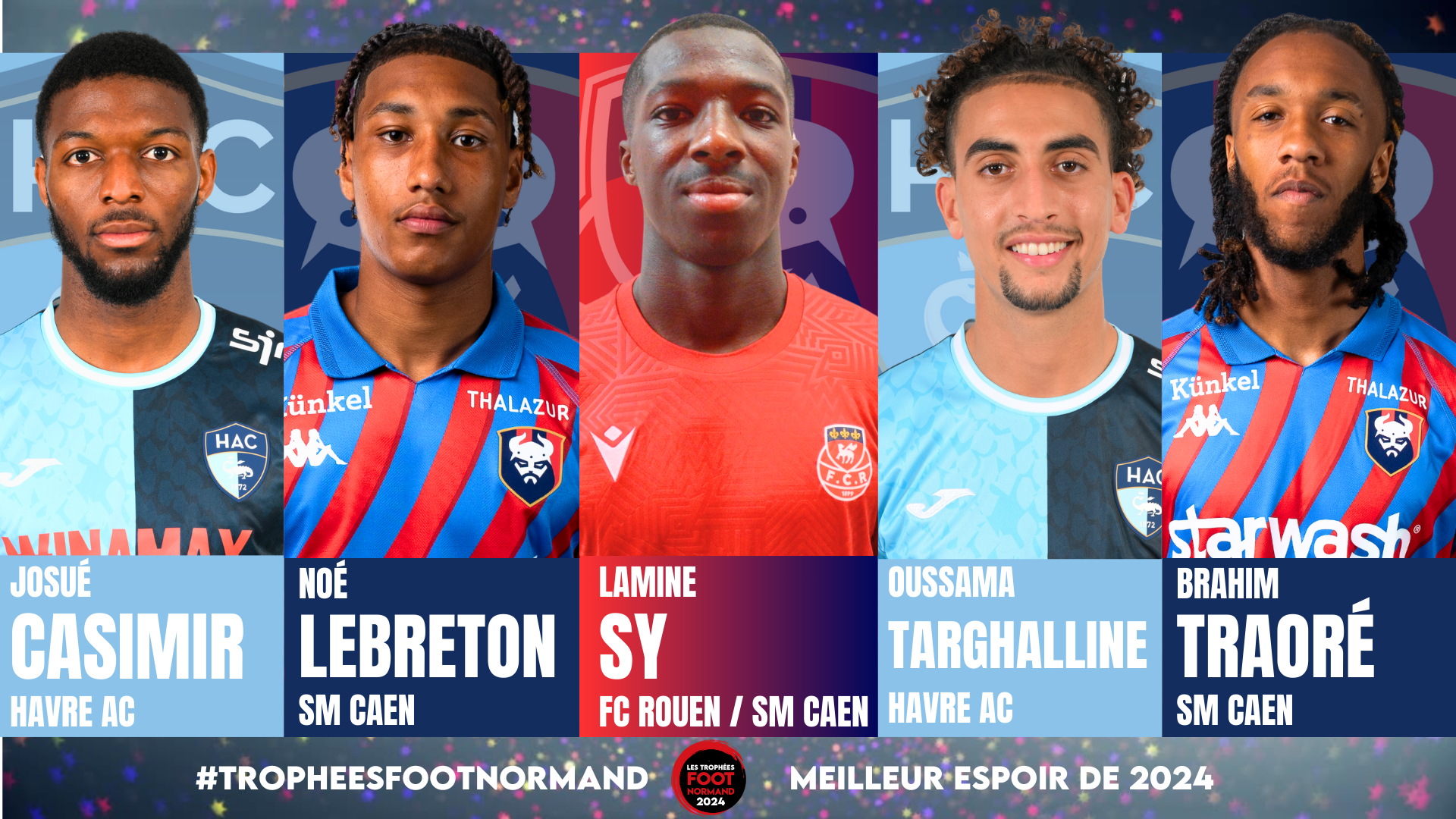 Josué Casimir (Havre AC), Noé Lebreton (SM Caen), Lamine Sy (FC Rouen - SM Caen), Oussama Targhalline (Havre AC), Brahim Traoré (SM Caen) sont nommé dans la catégorie meilleur espoir (U23).